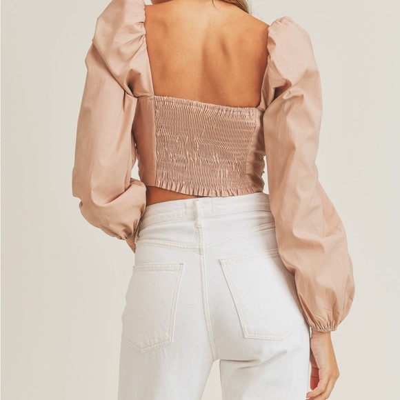 NEW Mable Angel Front Ribbon Self Tie Long sleeve puff shoulder crop top Size M - Picture 5 of 11